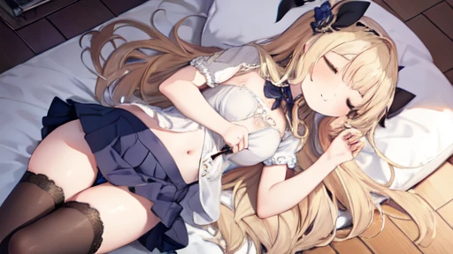 floor、mini skirt,Clothes with intricate details,Bright,Swimsuit,one person,blond,Sexy、Deep sleep、long hair、Stockings