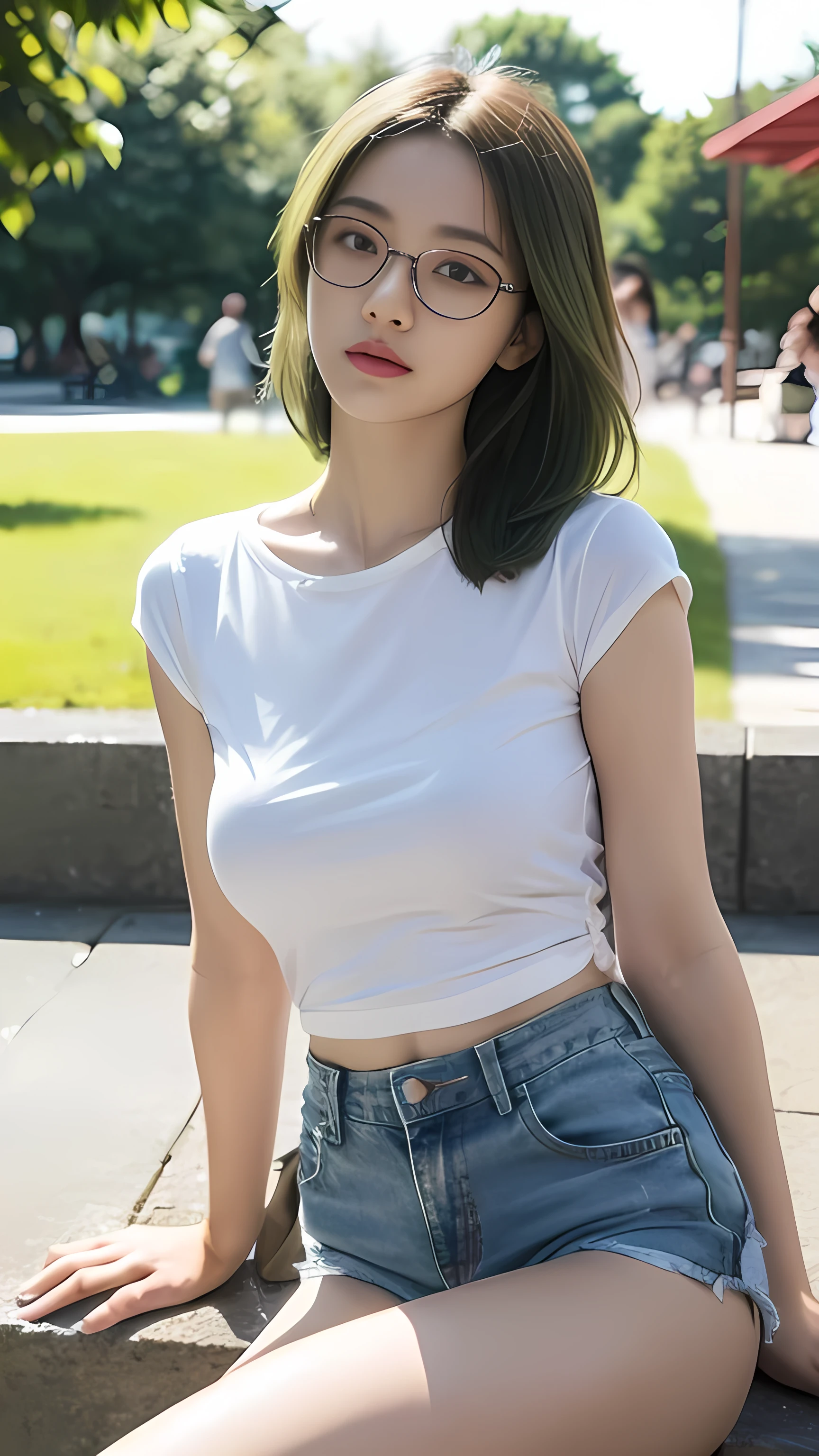 (masterpiece:1.2, Top quality),, Nice illustration, (Natural side Light, Light), 
Looking at the audience, 1 girl， wear glasses，Green hair，Low neck white shirt，Denim shorts2:5，Large Breasts，Sitting in the park pavilion