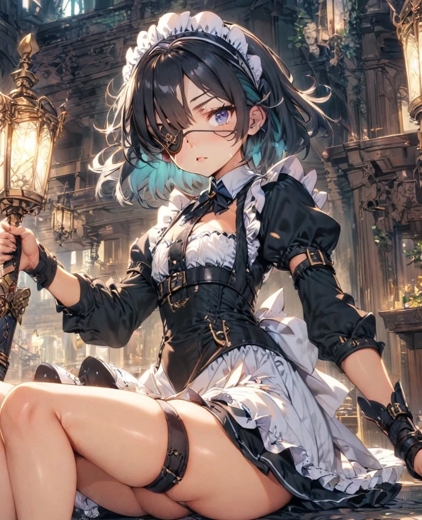 Black Hair Eye patch Short Sword Thighs Maid clothes Petite
