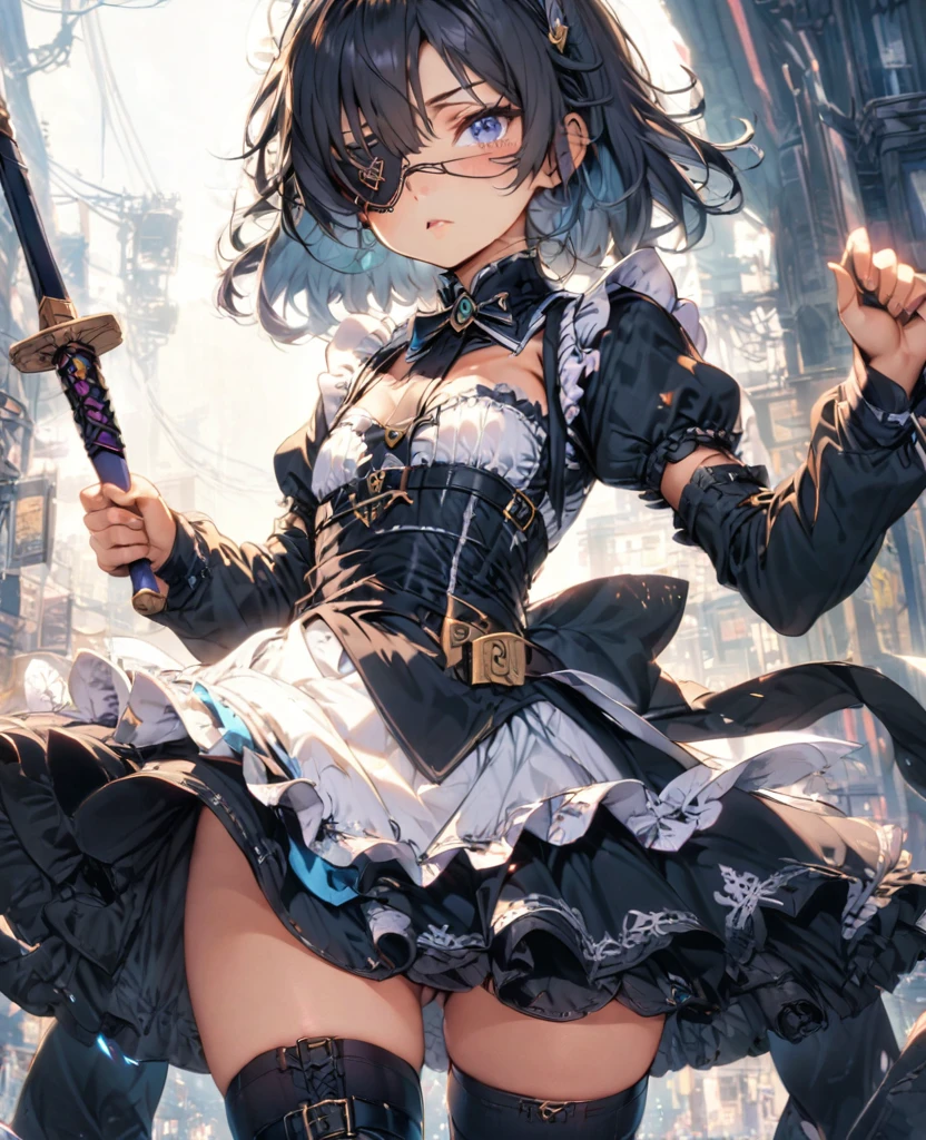 Black Hair Eye patch Short Sword Thighs Maid clothes Petite