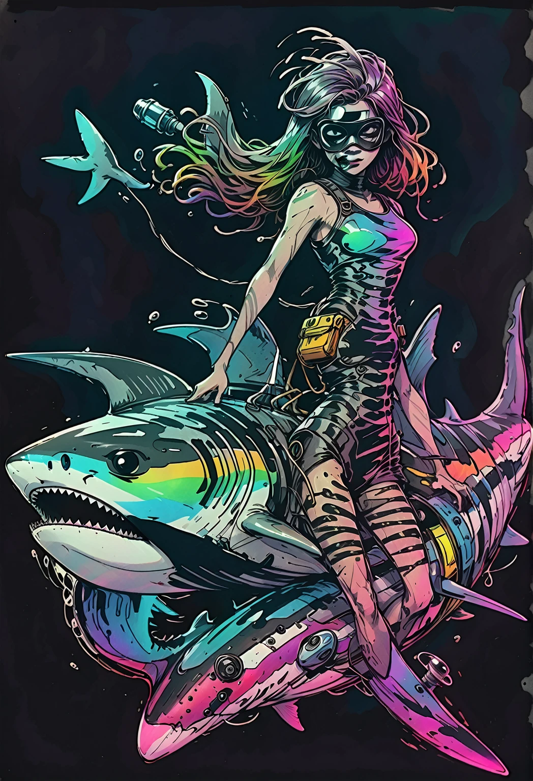 deep sea abyss, darkness, black, shades of grey, VHS, glitch, distorted, nostalgia, 90's retro vibes, analog tape, vcr aesthetics, tv, television, hand drawn, (full roygbiv color) ink charcoal expressive illustration, no light source, darkness, light mask uv rays across face, illustate (jamie hewlett style) tank girl, riding a shark submarine, sketch, unfinished, expressive ink bold line style, cinematic, splash page, wearing deep sea submersion suit, submarine shark sense of movement and energy
