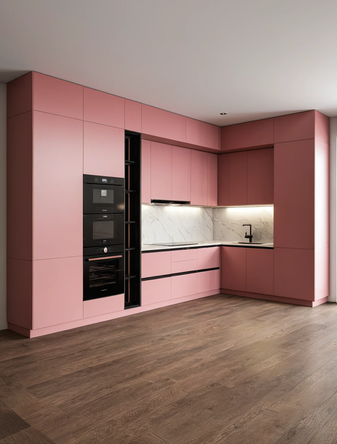 Raw photo,Masterpiece, high quality, best quality, authentic, super detail, interior , sunset, daylight, Kitchen Cabinets style modern, Induction cooker, sink, faucet, oven, built-in microwave, wooden floor, hood, wine cabinet, (black and pink tones)