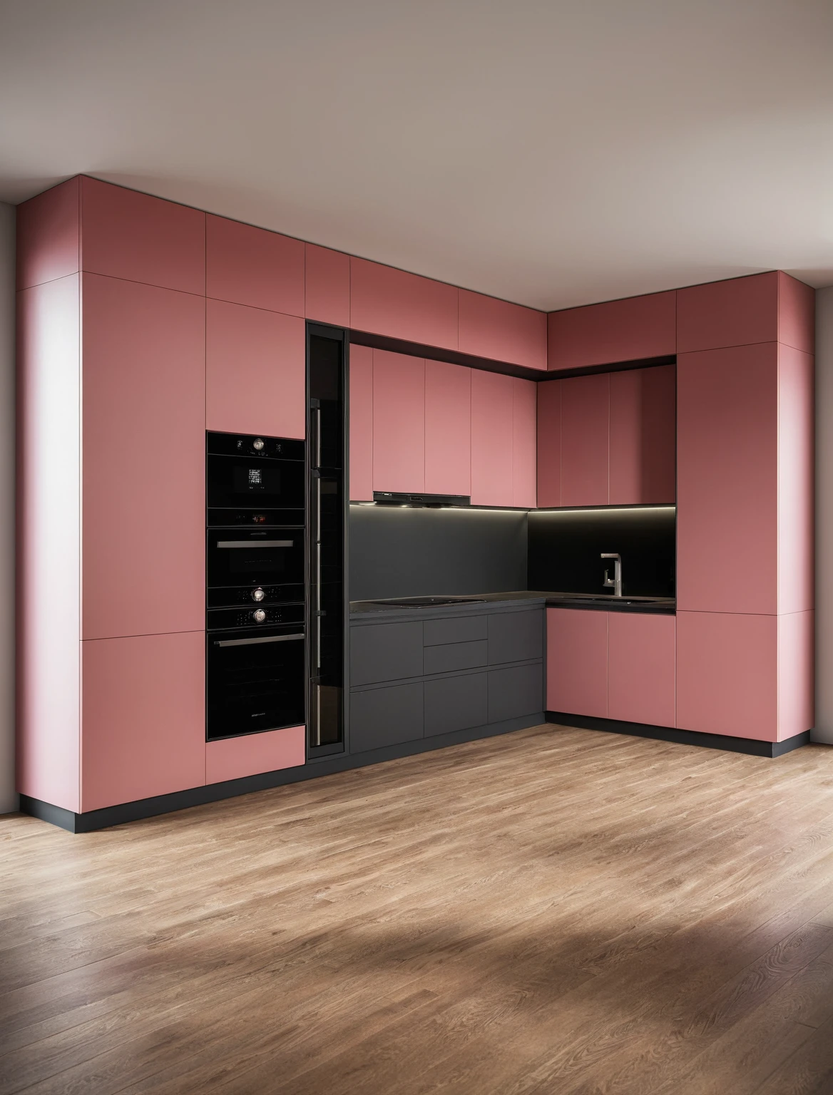 Raw photo,Masterpiece, high quality, best quality, authentic, super detail, interior , sunset, daylight, Kitchen Cabinets style modern, Induction cooker, sink, faucet, oven, built-in microwave, wooden floor, hood, wine cabinet, (black and pink tones)