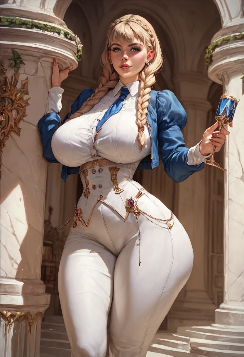 1girl, solo, masterpiece, best quality, detailed, narrow waist, wide hips, huge breasts, huge ass, score_9, score_8_up, score_7_up, braids, twintails