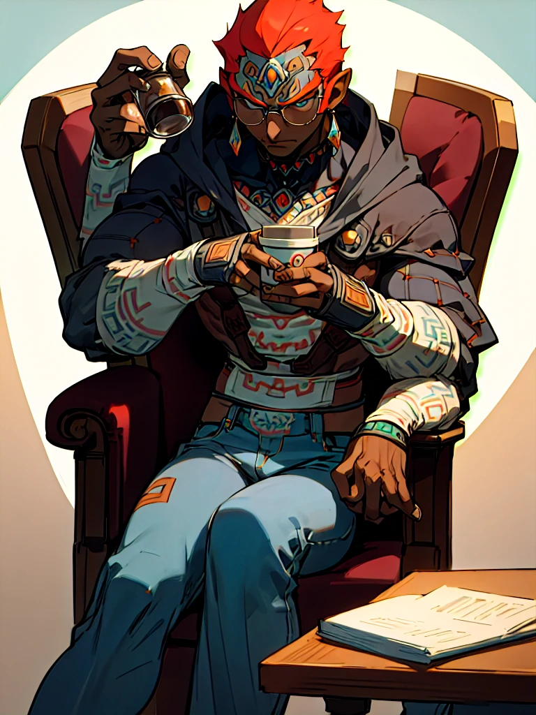 masterpiece、Grey hoodie、Blue Jeans、holding a coffee cup in hand、Glasses、Ganondorf, Dark Skin、Sitting in a chair