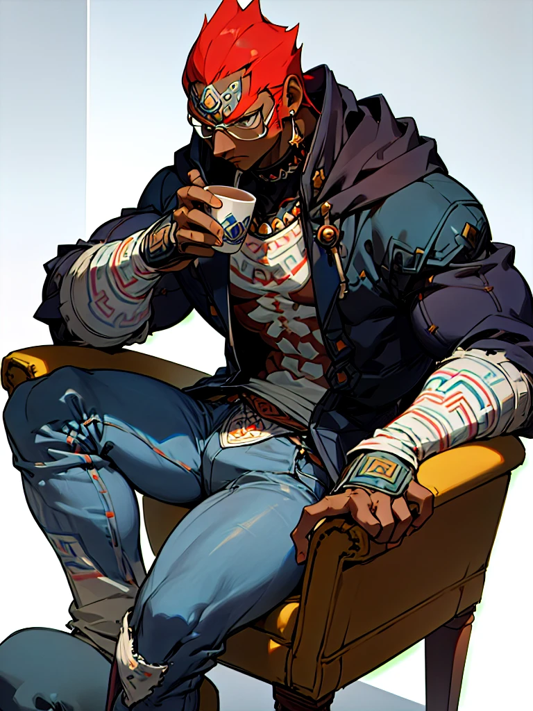 masterpiece、Grey hoodie、Blue Jeans、holding a coffee cup in hand、Glasses、Ganondorf, Dark Skin、Sitting in a chair