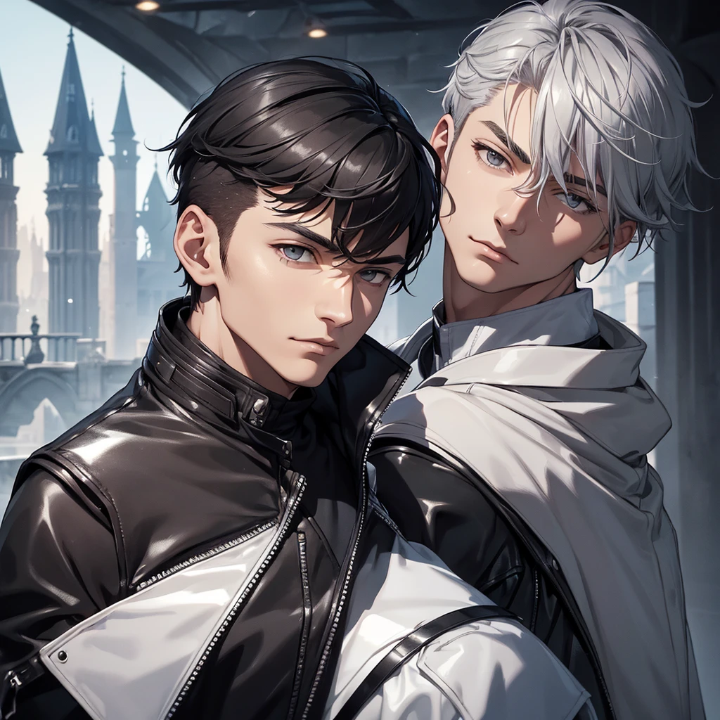 A handsome man,Clear facial features,Flat expression,black leather jacket,Short silver Hair, hazel eyes, The background is a castle that holds the universe