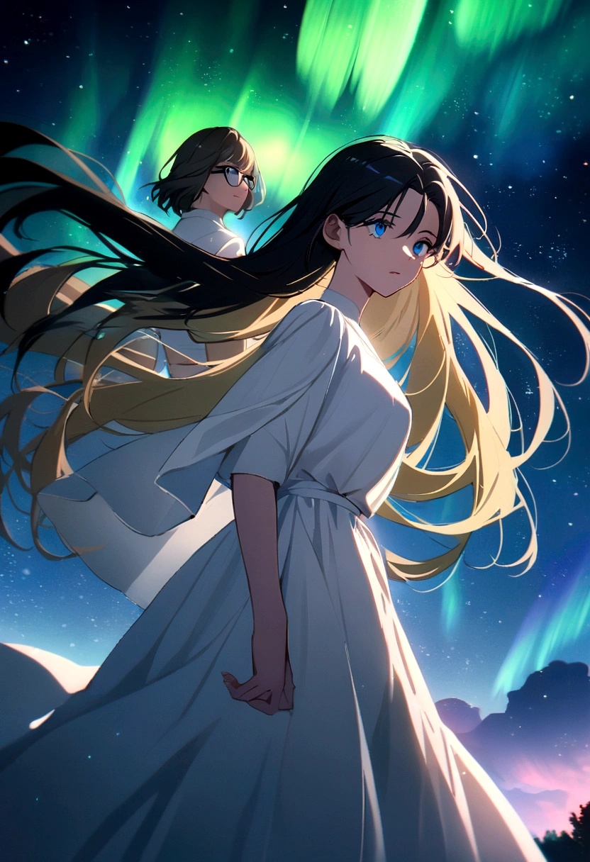 Male, short hair, blonde, white shirt, looking women see star in the sky. Female long hairs, black hairs, glases, meteor, white dress, blue eyes, aurora in sky
