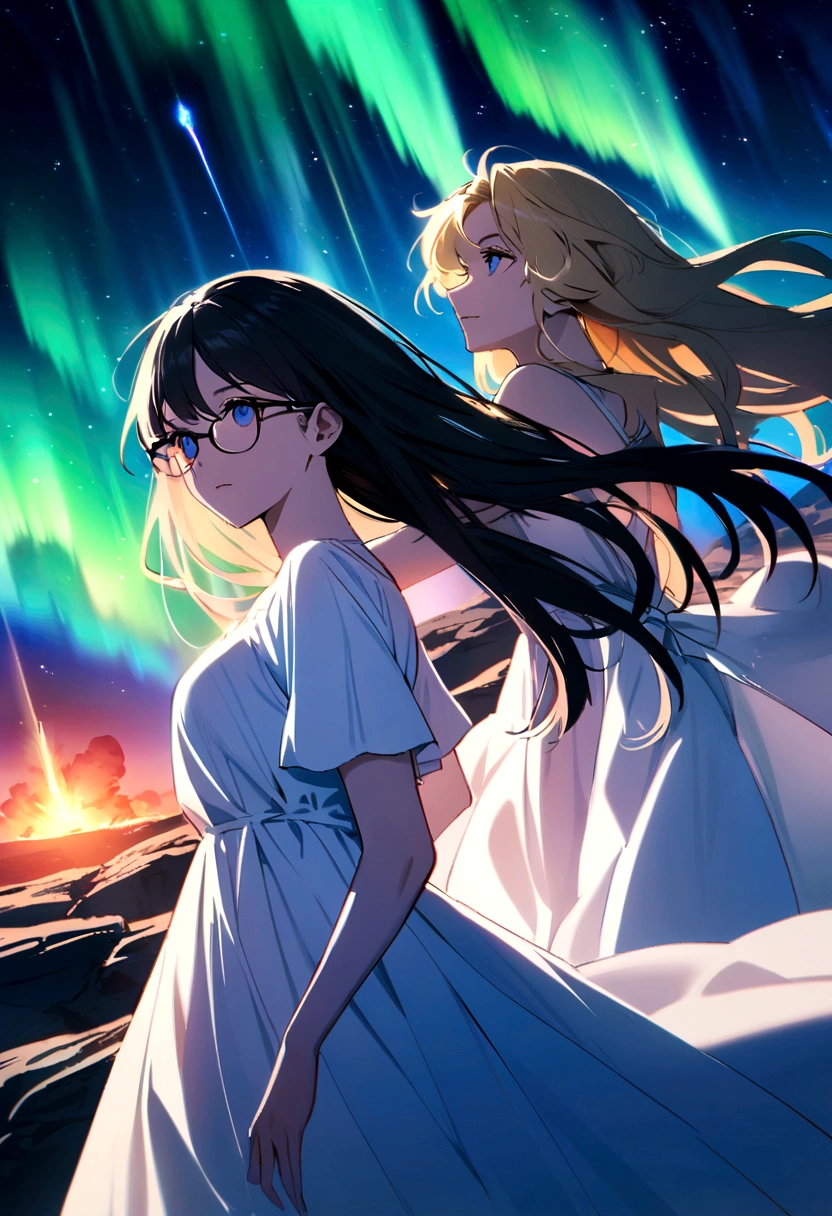 Male, short hair, blonde, white shirt, looking women see star in the sky. Female long hairs, black hairs, glases, meteor, white dress, blue eyes, aurora in sky