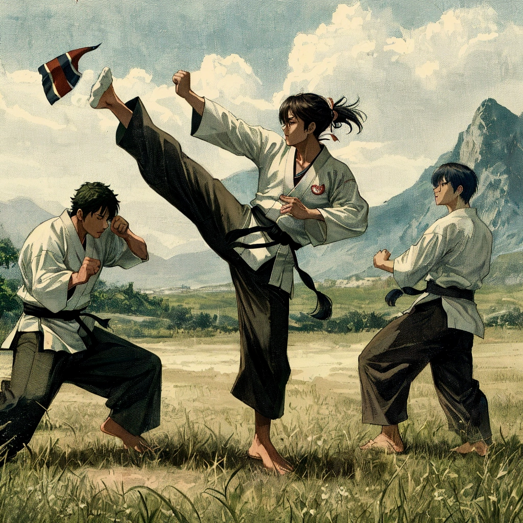 there are three men in karate uniforms doing a kick, martial arts, karate, karate kick, rob rey and kentaro miura style, inspired by Gatōken Shunshi, inspired by Baiōken Eishun, doing martial arts, fighting posture, kung-fu, martial art pose, aikido, kung fu, by Morris Kestelman