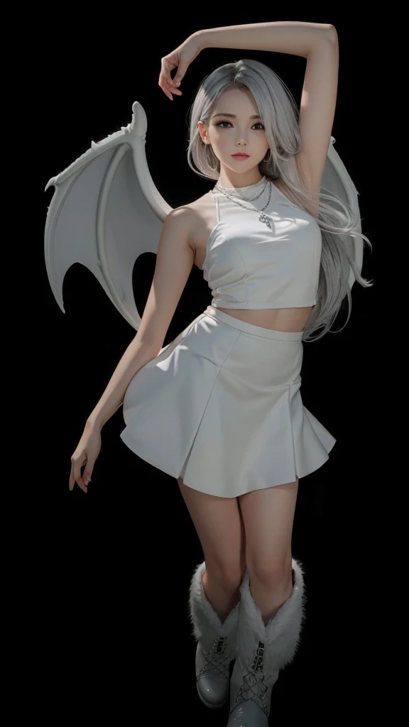 Beautiful girl, smooth gray hair, crooped branco, white skirt, white furry boots, white dragon wings, silver neck necklace.
