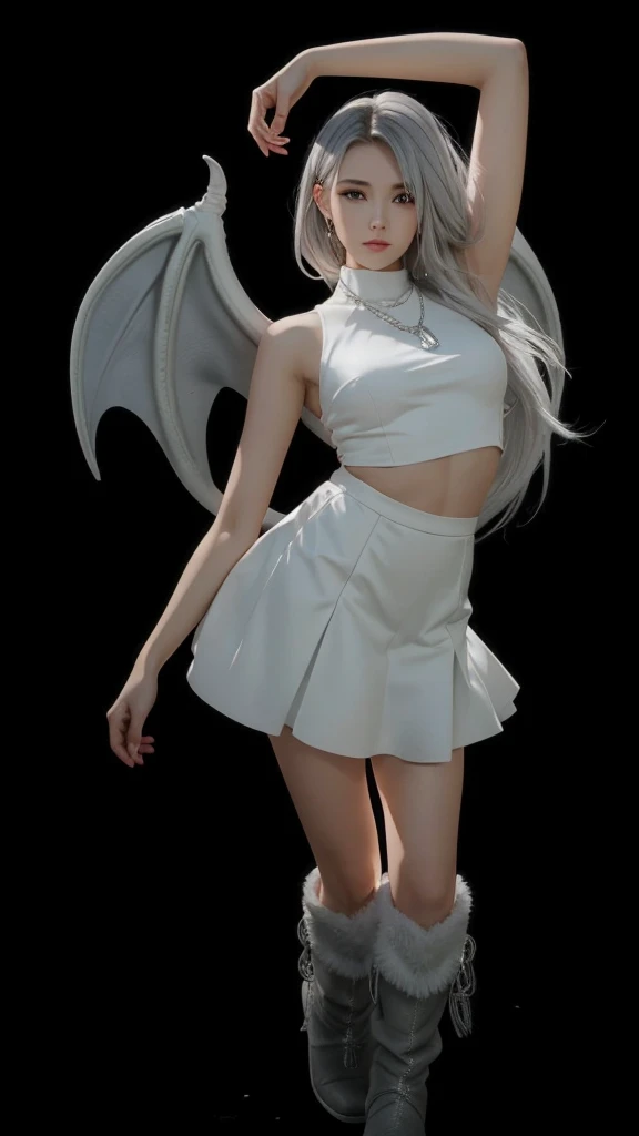 Beautiful girl, smooth gray hair, crooped branco, white skirt, white furry boots, white dragon wings, silver neck necklace.