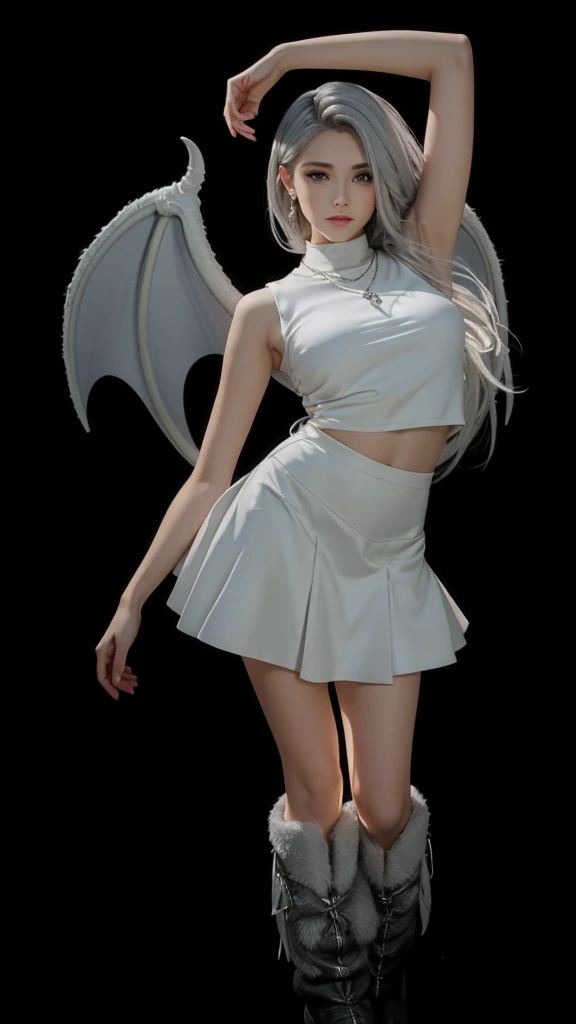 Beautiful girl, smooth gray hair, crooped branco, white skirt, white furry boots, white dragon wings, silver neck necklace.