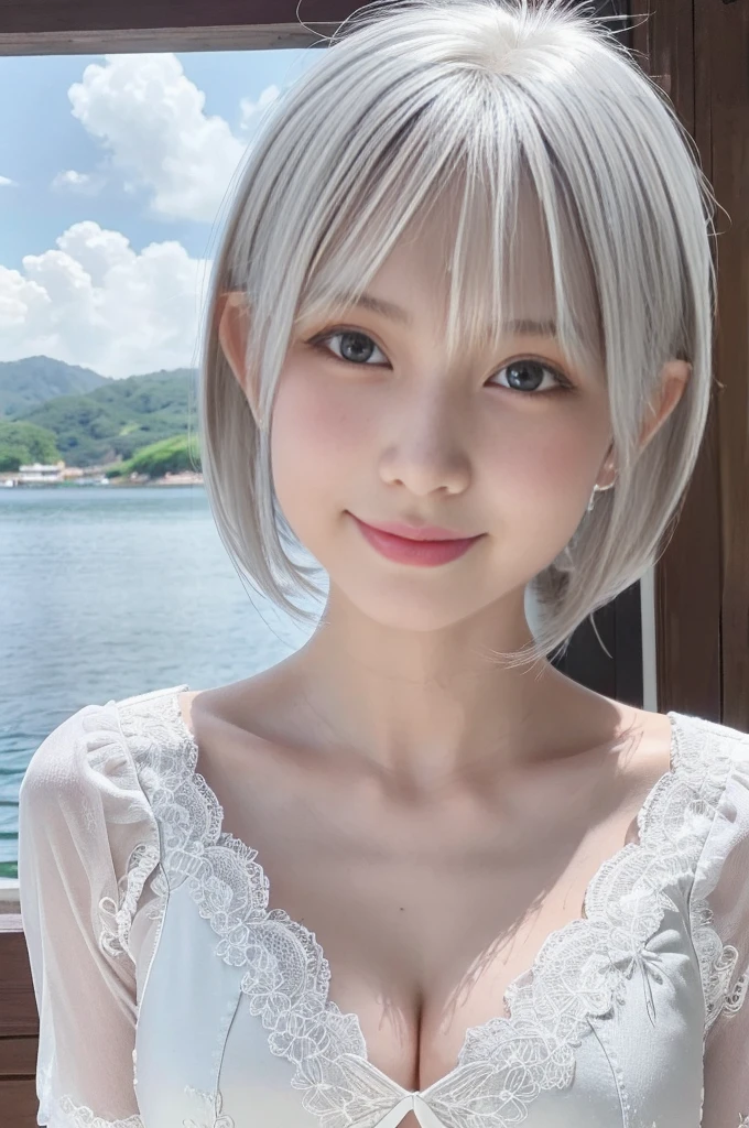1girl, 16 years old, Japanese, incredibly cute, neat and clean, happy smile, detailed charming eyes, detailed face, (laced onepiece, ultra slender, incredibly white and beautiful skin, short silver hair:1.75), (best quality,4k,8k,highres,masterpiece:1.5),ultra-detailed,(realistic,photorealistic,photo-realistic:1.37),highly detailed,intricate details,vibrant colors,soft lighting,beautiful scenery,delicate features,cute expression,elegant pose