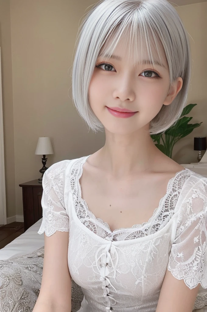 1girl, 16 years old, Japanese, incredibly cute, neat and clean, happy smile, detailed charming eyes, detailed face, (laced onepiece, ultra slender, incredibly white and beautiful skin, short silver hair:1.75), (best quality,4k,8k,highres,masterpiece:1.5),ultra-detailed,(realistic,photorealistic,photo-realistic:1.37),highly detailed,intricate details,vibrant colors,soft lighting,beautiful scenery,delicate features,cute expression,elegant pose