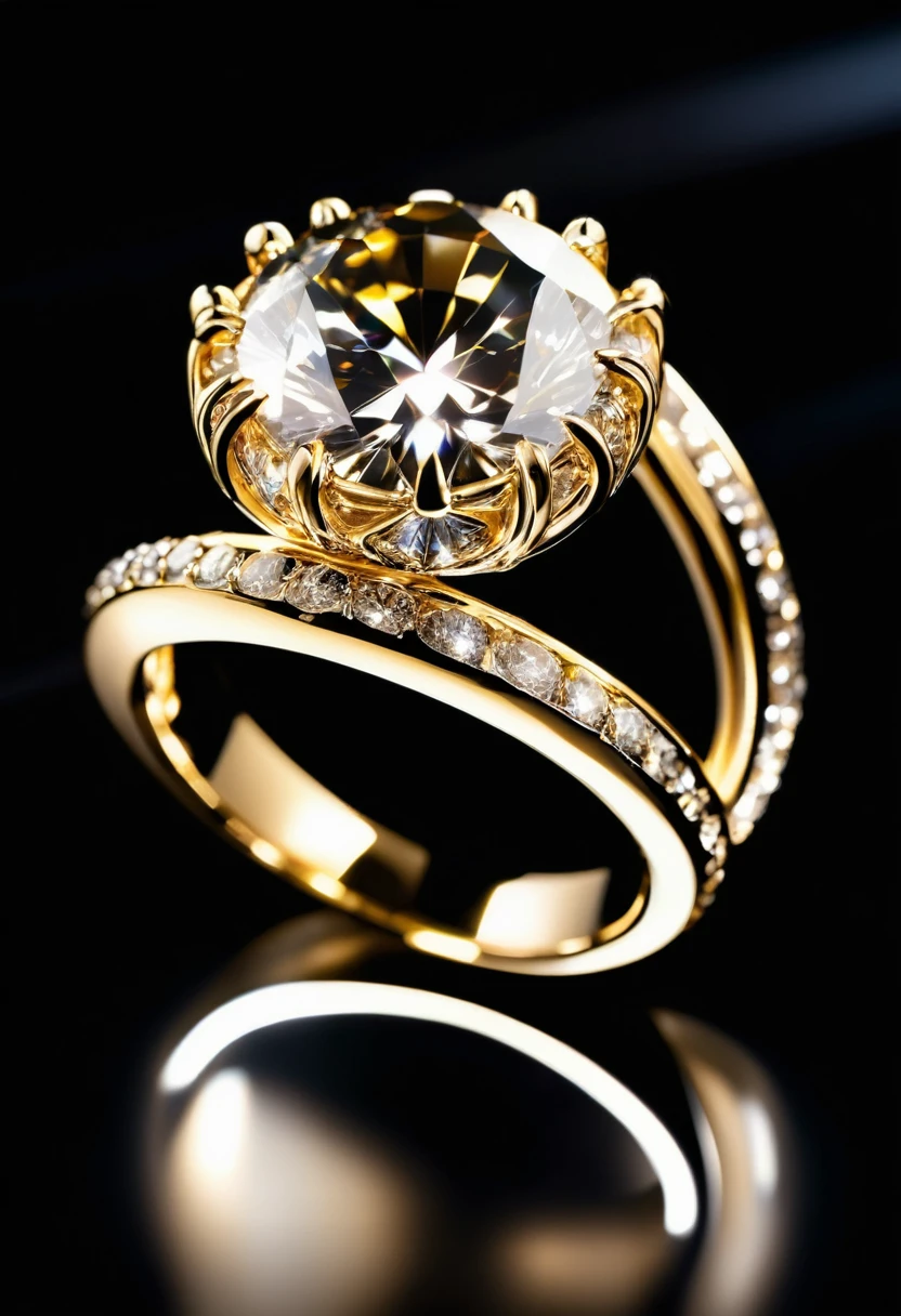 Winter theme, cold, freezing, (ring, Metallic texture, golden ring, shiny diamond, shiny gem, sparkling, diamond, diamond gem, engagement ring, beautifull ring, Details, reflexion, Focus:1.45), grid,Bubble,Space flickering outside the door, (Black background: 1.45),
