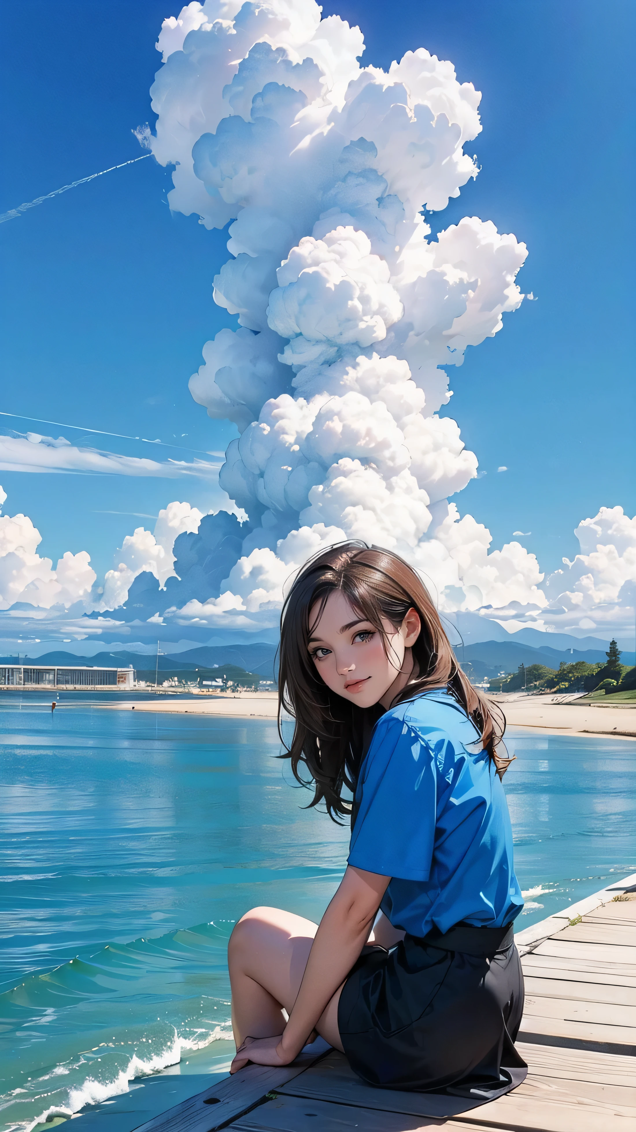 ((最high quality, 8K, masterpiece: 1.3, Ultra HD, high quality, 最high quality, High resolution, realism)) 、Beautiful 18-year-old stateless woman、The hair is brown、Iridium Hair、 hair is wavy、smile、I want to keep my head out of the screen.、sit on a high breakwater on the beach、The blue sky is beautiful、There is a cloud at the entrance、that'summer、 jeanstshirt、There is a road in front of the breakwater.、There is a sign indicating the bus stop.、The sea is beautiful、Beautiful Horizon、 island can be seen offshore、Looking at the sea、((look down at the viewer,from below:1.5)),