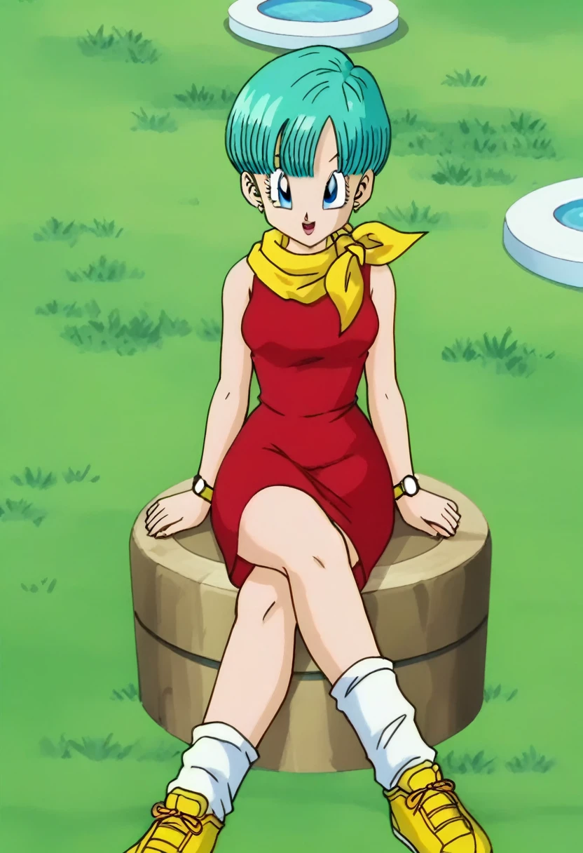 fountain_cheered up, score_9, score_8_above, score_7_above, cheered up screencap,
BULMA, 1 girl, Alone, buu saga, aquamarine hair, very short hair, bowl cut, Blue eyes, wristwatch, yellow scarf, Red dress, sleeveless, loose socks, Yellow sneakers, Grass, Field, from below,crossed legs