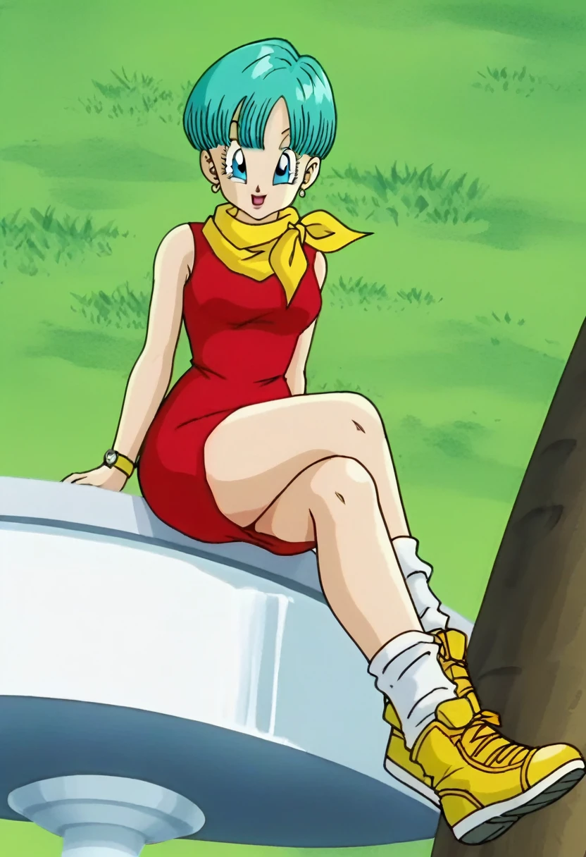 fountain_cheered up, score_9, score_8_above, score_7_above, cheered up screencap,
BULMA, 1 girl, Alone, buu saga, aquamarine hair, very short hair, bowl cut, Blue eyes, wristwatch, yellow scarf, Red dress, sleeveless, loose socks, Yellow sneakers, Grass, Field, from below,crossed legs