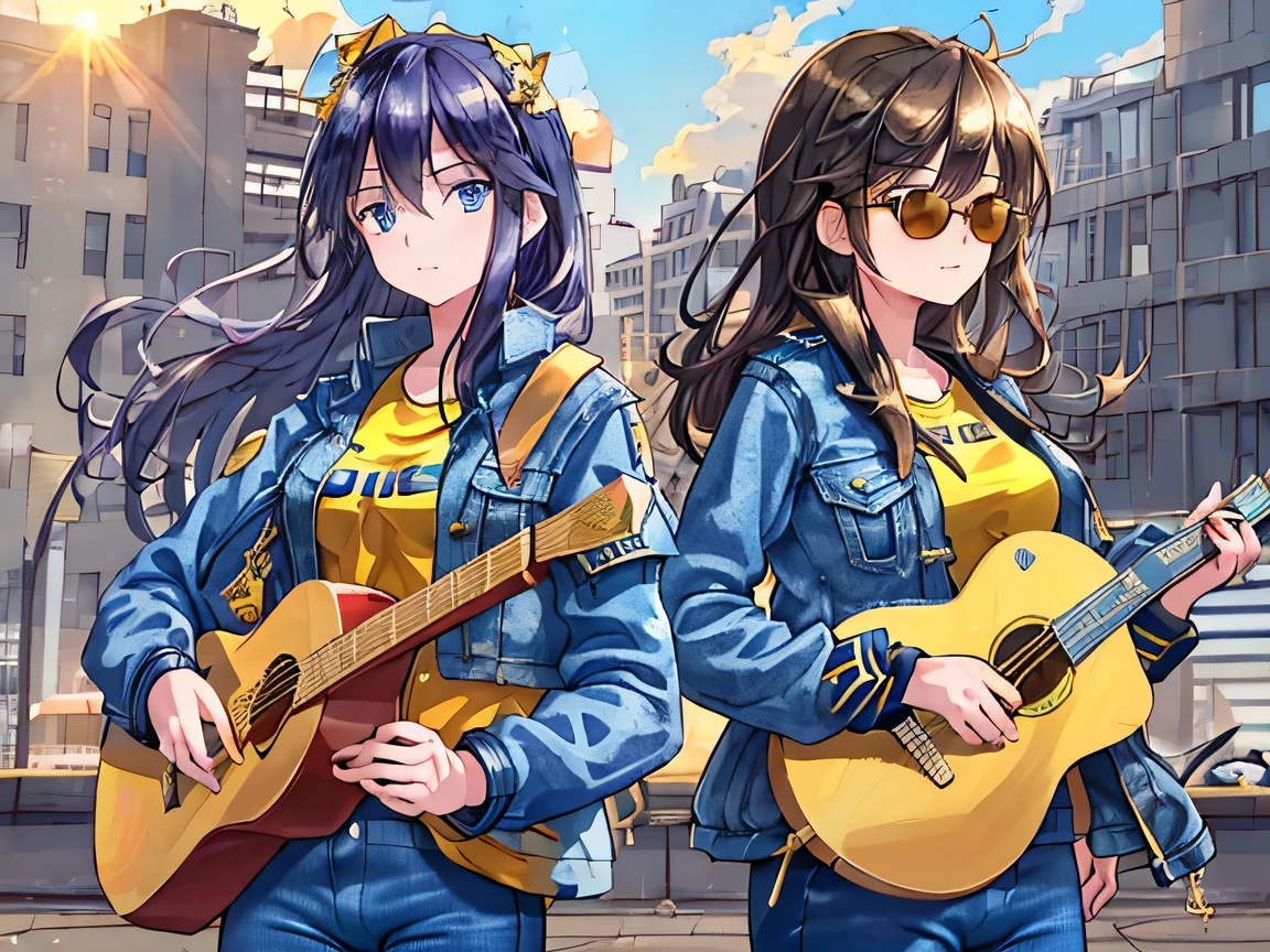 {{Masterpiece}}, {{top quality}}, very detailed, animated style illustration, (sun shine), Rooftop of a building, (Two uniformed police officers in the background:2.0), upper body, upper body focus, (beautiful eyes), beautiful black hair, long hair, slim, slender, medium breast, beautiful eyes, (Sunglasses on head:1.5), (Indigo denim jacket:1.6),(Yellow T-shirt:1.2), standing, (playing a red folk guitar:1.5), outdoor, (Lonely expression:1.2).