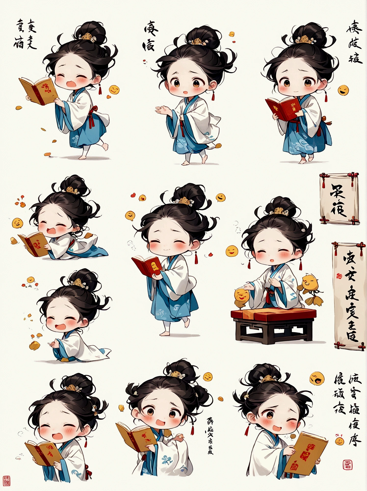 A *********** in a white robe reads, traditional clothes, animated character design, Chinese painting, light gray, cute, modest charm, emoticon package, multiple postures and expressions, anthropomorphic style, black strokes, different emotions, multiple poss and expressions, 8K, (White background:1.5)，((Nine Palace Grid Layout))