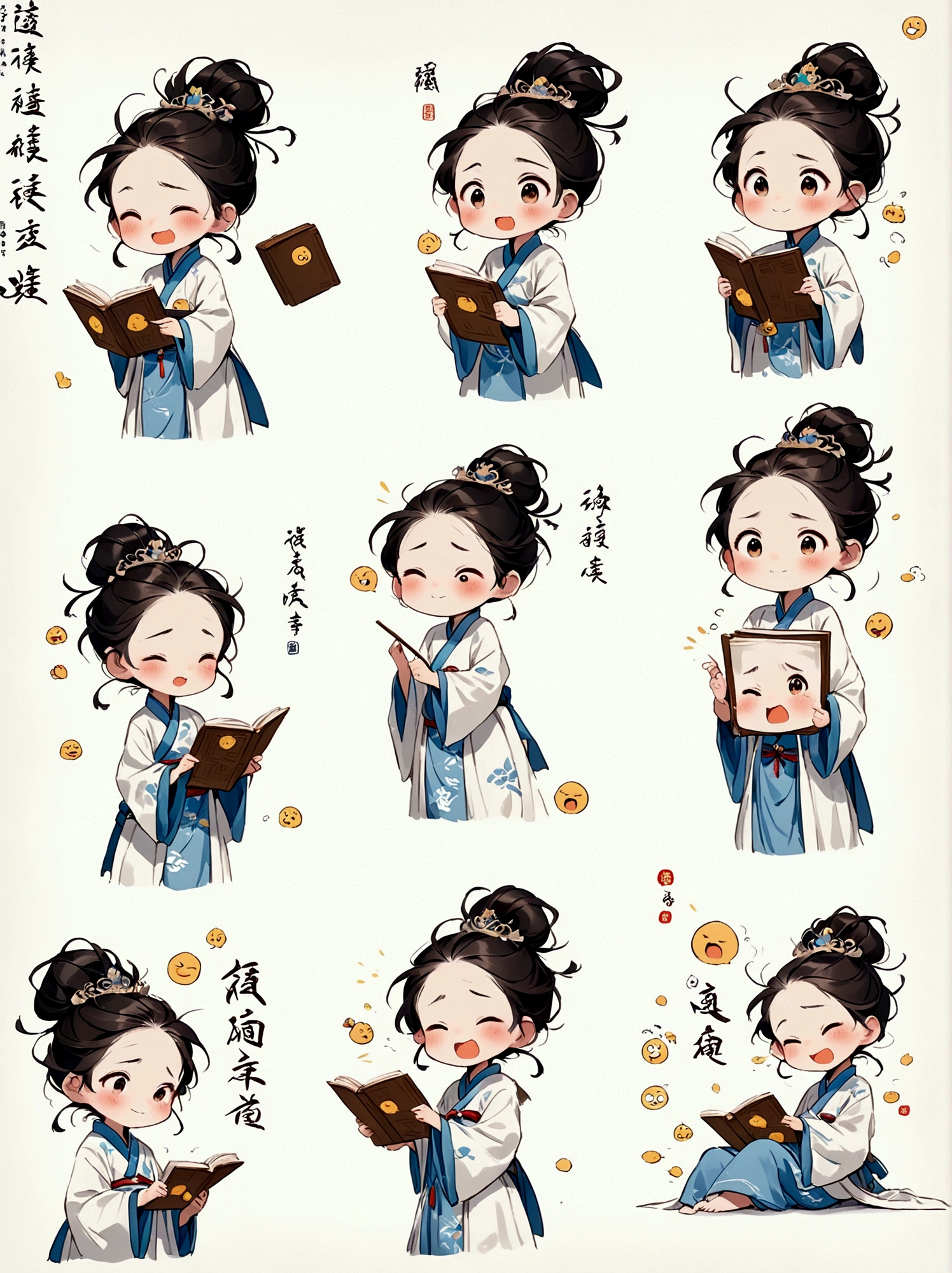 A little girl in a white robe reads, traditional clothes, animated character design, Chinese painting, light gray, cute, modest charm, emoticon package, multiple postures and expressions, anthropomorphic style, black strokes, different emotions, multiple poss and expressions, 8K, (White background:1.5),((Nine Palace Grid Layout))