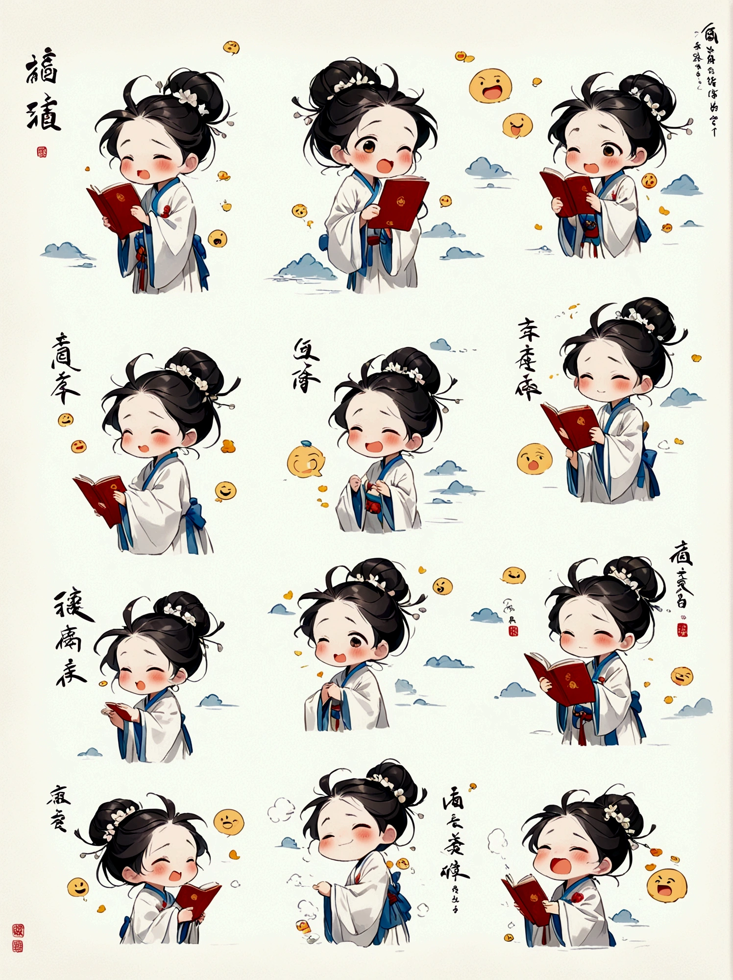 A *********** in a white robe reads, traditional clothes, animated character design, Chinese painting, light gray, cute, modest charm, emoticon package, multiple postures and expressions, anthropomorphic style, black strokes, different emotions, multiple poss and expressions, 8K, (White background:1.5)，((Nine Palace Grid Layout))