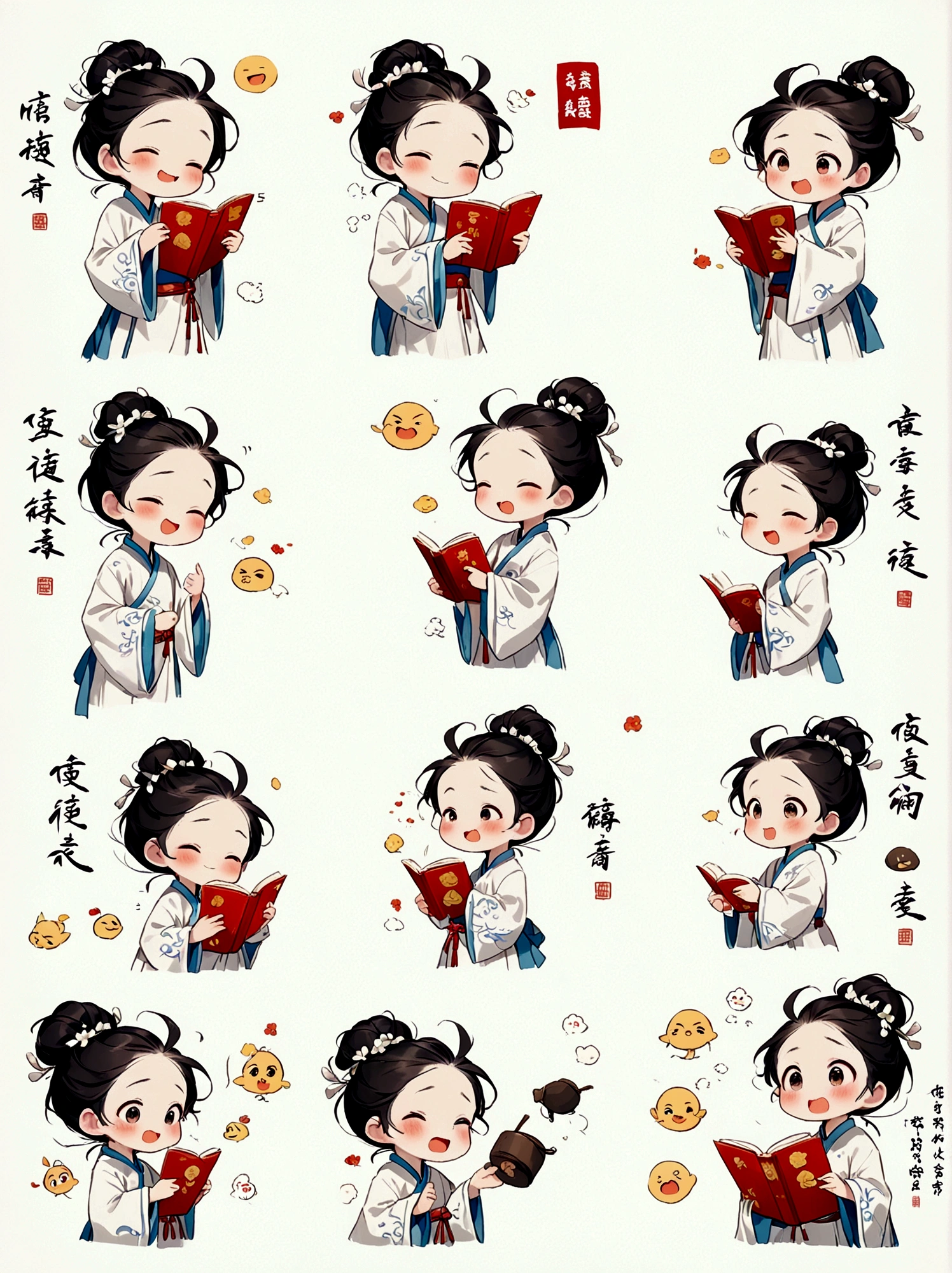 A in a white robe reads, traditional clothes, animated character design, Chinese painting, light gray, cute, modest charm, emoticon package, multiple postures and expressions, anthropomorphic style, black strokes, different emotions, multiple poss and expressions, 8K, (White background:1.5),((Nine Palace Grid Layout))