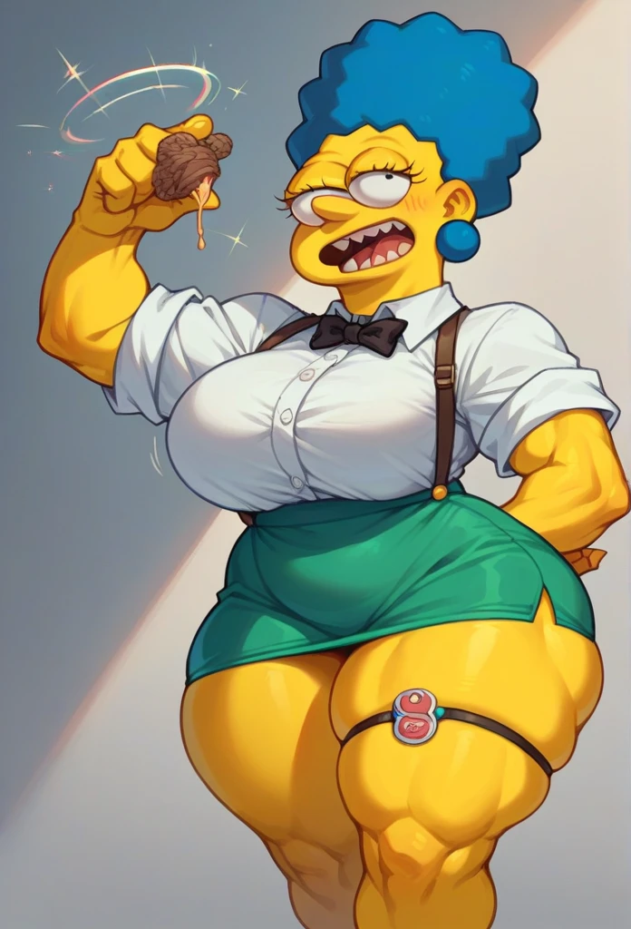 margue simpson, huge tits anchas con enormes muslos anchos, huge tits, mirando sus huge tits, green short skirt, cavello azul, yellow skin, big thighs