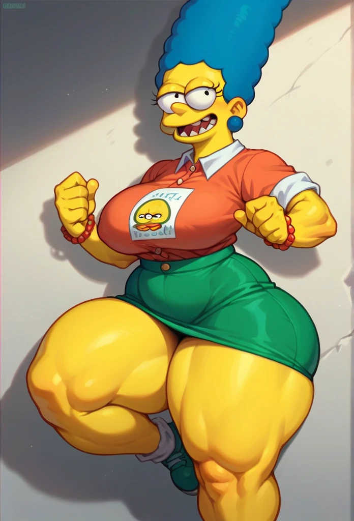 margue simpson, huge tits anchas con enormes muslos anchos, huge tits, mirando sus huge tits, green short skirt, cavello azul, yellow skin, big thighs
