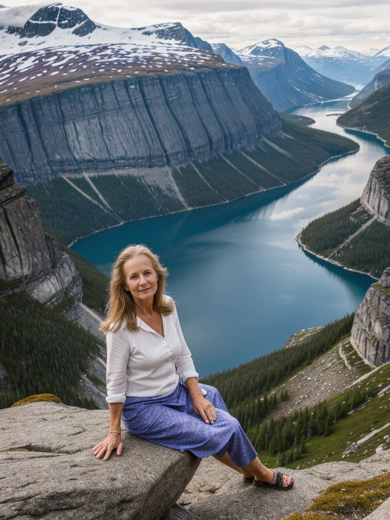 Liv Ullman, her name is Freydis, high quality, 1 old woman, ((50-year-old SLIM dutch woman)), ((50 years old)), (((wrinkled body))), ((((old body)))), (((LONG HAIR))), (((no make up))), (pale skin), (((blue eyes))), she is wearing stylish COLORFUL camping gear for old women, POSE: standing, adventurous, exciting BACKGROUND: outdoor: Trolltunga: A dramatic cliff overlooking a scenic lake surrounded by rugged mountains. Hikers in outdoor gear enjoying the view or posing on the iconic rock formation.