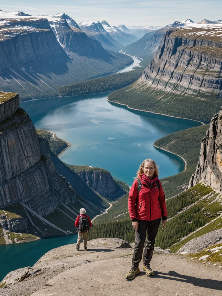 Liv Ullman, her name is Freydis, high quality, 1 old woman, ((50-year-old SLIM dutch woman)), ((50 years old)), (((wrinkled body))), ((((old body)))), (((LONG HAIR))), (((no make up))), (pale skin), (((blue eyes))), she is wearing stylish COLORFUL camping gear for old women, POSE: standing, adventurous, exciting BACKGROUND: outdoor: Trolltunga: A dramatic cliff overlooking a scenic lake surrounded by rugged mountains. Hikers in outdoor gear enjoying the view or posing on the iconic rock formation.
