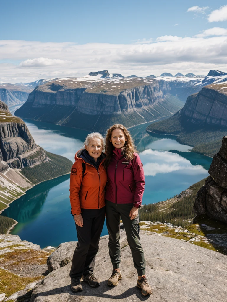 Liv Ullman, her name is Freydis, high quality, 1 old woman, ((50-year-old SLIM dutch woman)), ((50 years old)), (((wrinkled body))), ((((old body)))), (((LONG HAIR))), (((no make up))), (pale skin), (((blue eyes))), she is wearing stylish COLORFUL camping gear for old women, POSE: standing, adventurous, exciting BACKGROUND: outdoor: Trolltunga: A dramatic cliff overlooking a scenic lake surrounded by rugged mountains. Hikers in outdoor gear enjoying the view or posing on the iconic rock formation.
