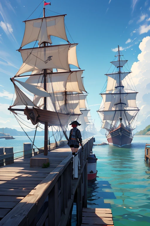 create a 25-year-old anime chia in pirate clothing with a miniskirt in a landscape of a dock and pirate ships holding a pirate sword