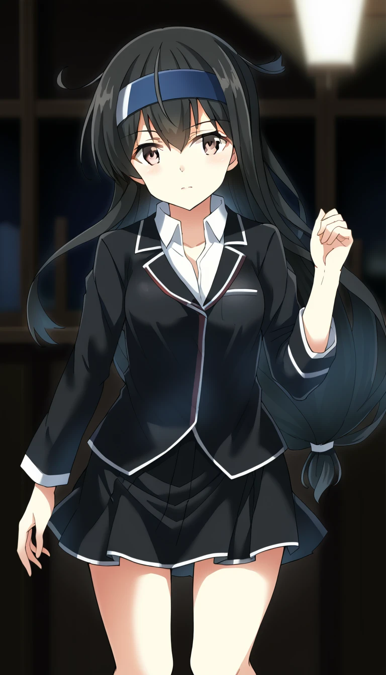 masterpiece,best quality:source_anime,cowboy shot,Idealized Forms,Natural Light,details background,blurry background,extremely detailed,(aga),hatsushimo(kancolle),brown eyes,(left(white)right(blue))headband,(black)long hair,(low-tied)hair,(black)hair,small breasts,(petite),shirt,blazer,black skirt,single thighhigh,