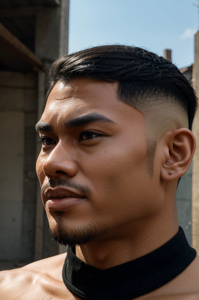 3D caricature of a realistic Indonesian man with a muscular undercut haircut