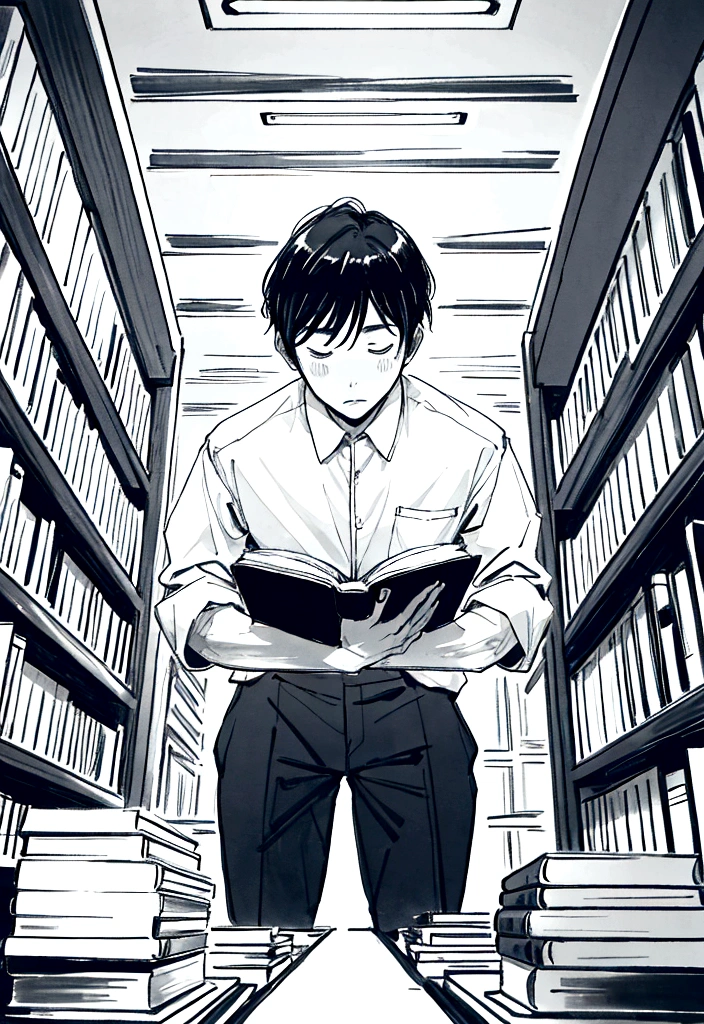 Features Hiroshi in the university library, surrounded by thick books on quantum physics