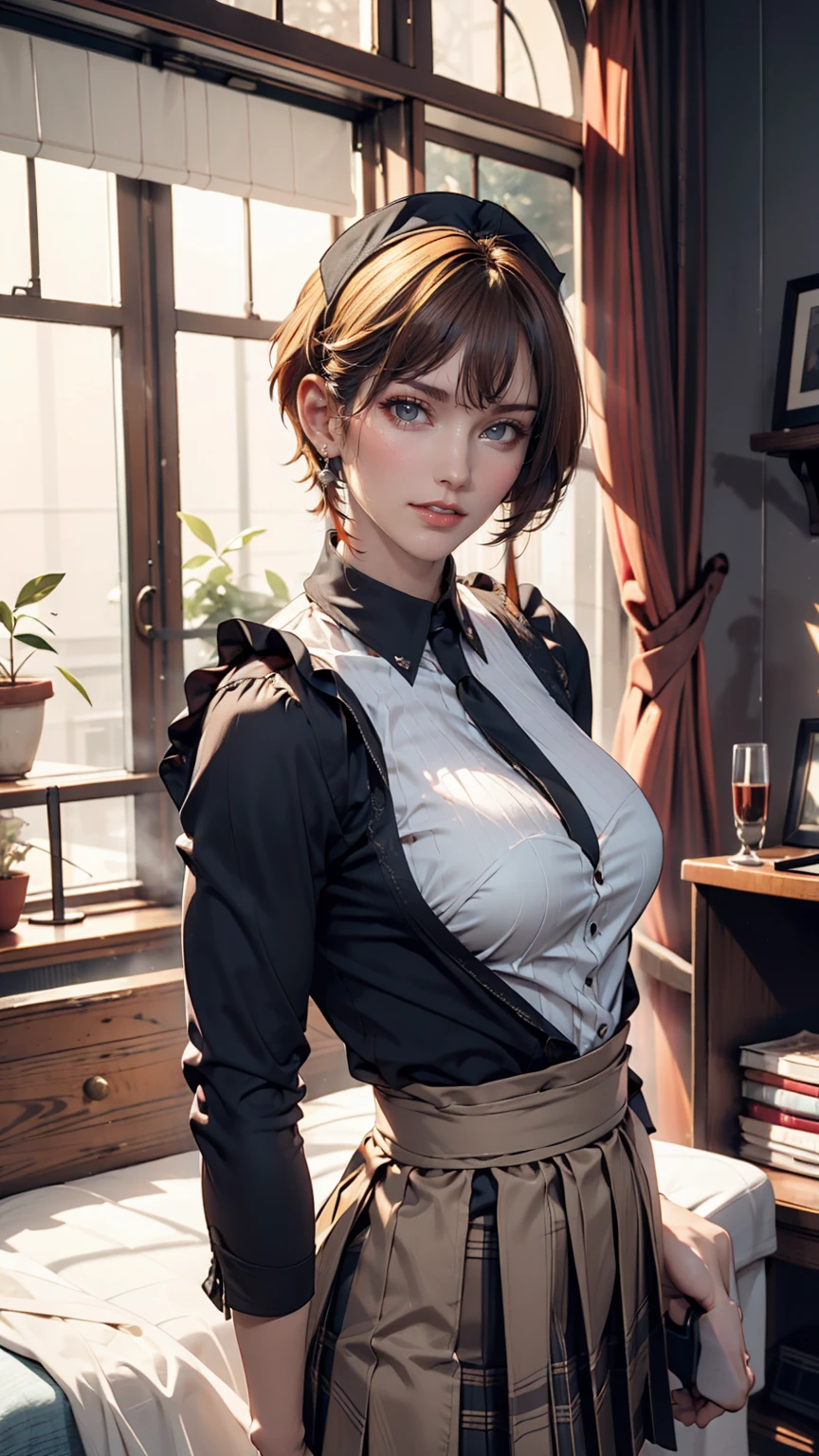 8k quality，Ultra HD，Stunning mature beauty,Intellectual elegance，((White doctor&#39;s robe)),Brown hair,(best quality,masterpiece:1.2),1lady solo, sitting, (looking at viewers), (white lab coat) stylish outfit, mature female, /(dark brown hair/) bangs, kind smile, (masterpiece best quality:1.2) delicate illustration ultra-detailed, large breasts, pantyhose, /(stethoscope around neck/) BREAK (hospital examination room) indoors, work desk, detailed background