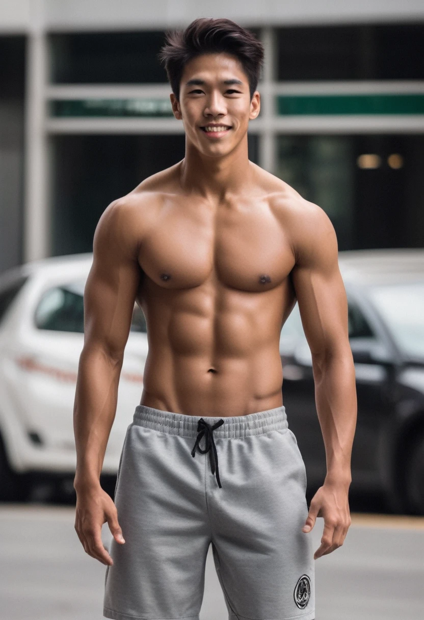 16 year old teenage boy, defined musculature, asian korean ethnicity, brown eyes close up, rectangular face, short straight black hair, thick lips, double chin, defined jaw, six pack abs, wearing no shirt, confident grin, extremely pretty, wearing tight short shorts.