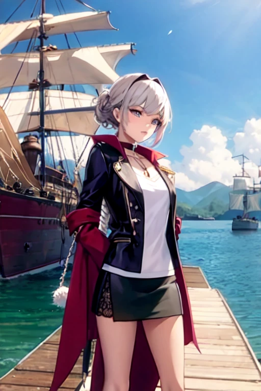 create a 25-year-old anime chia in pirate clothing with a miniskirt in a landscape of a dock and pirate ships holding a pirate sword