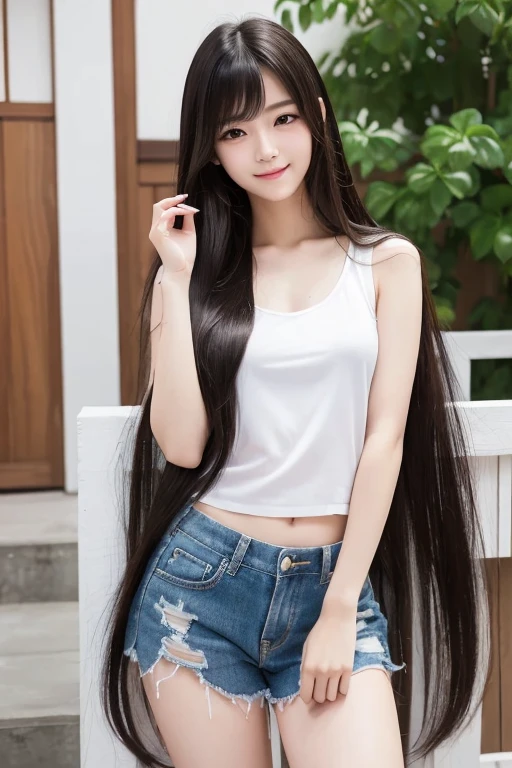 (Highest quality), (masterpiece:1.2), (Realistic, photo-Realistic:1.2), (Highly detailed face and skin texture), (Full body shot 1.1), (20 year old Japanese idol), Cute face, Whitening skin, double eyelid, (Ridiculously long hair:1.5), (Slim figure), (Flat Bust:0.9), Long legs, (Black straight hair), smile, Lying on her back in bed, sleeping in bed, looking a little sleepy, with her hair spread out in a sexy pose.