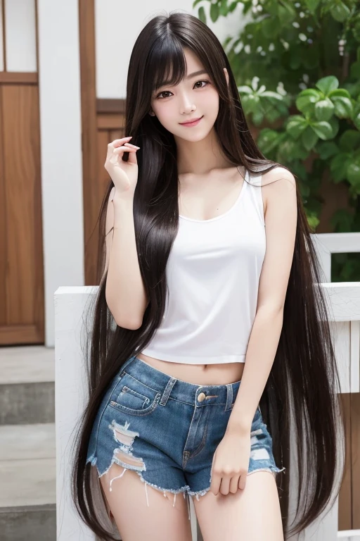 (Highest quality), (masterpiece:1.2), (Realistic, photo-Realistic:1.2), (Highly detailed face and skin texture), (Full body shot 1.1), (20 year old Japanese idol), Cute face, Whitening skin, double eyelid, (Ridiculously long hair:1.5), (Slim figure), (Flat Bust:0.9), Long legs, (Black straight hair), smile, Lying on her back in bed, sleeping in bed, looking a little sleepy, with her hair spread out in a sexy pose.