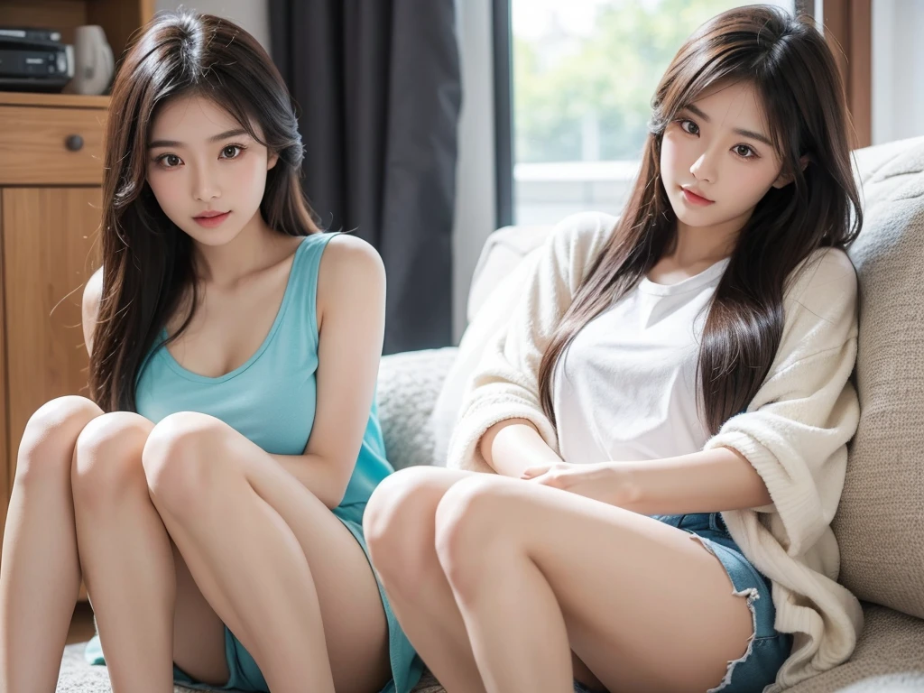 A beautiful Asian woman in her 20s is sitting in shorts. She is touching her knees.