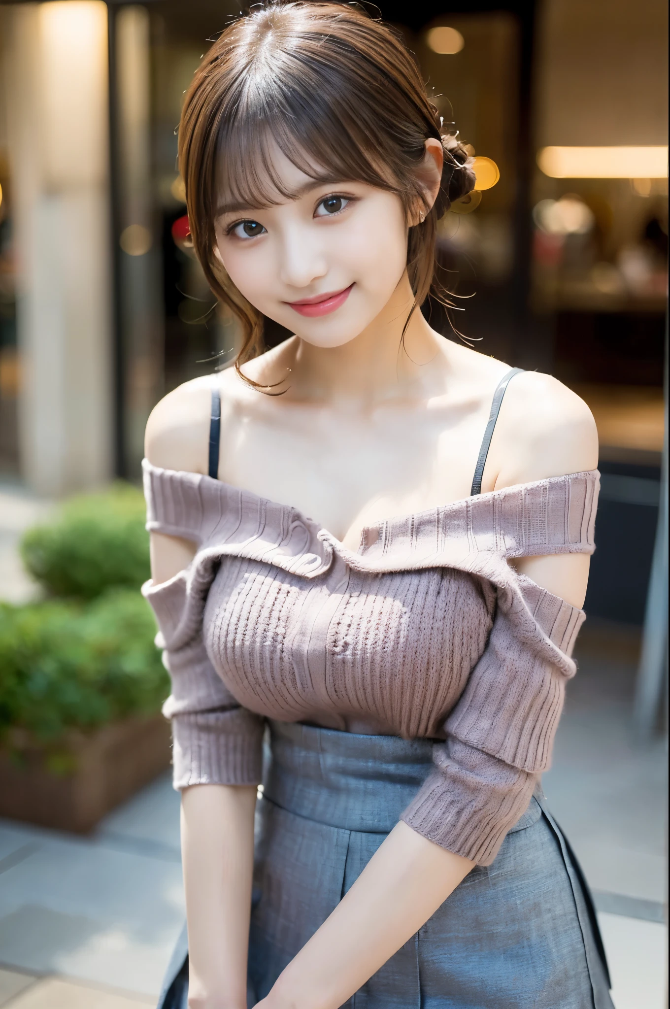 Tabletop, Highest quality, 
Super detailed, In detail, High resolution, In 8K,
((Photorealistic:1.4, Raw photo, 超High resolution,Best image quality: 1.4)),
wallpaper, 
((Perfect body composition 1.5)), 
Beautiful attention to detail, Natural color lip,
((Gentle smile:1.5)),
((Random cute hairstyles)), 
((Off-the-shoulder knit:1.5)),
((Random breast sizes from large to medium、Cleavage:1.2)),
((Wearing low-cut clothing and leaning forward:1.5)),
((Wear a random cute skirt:1.5)),
((Proudly、Eyeballs under the arms:0.9)),
((Peeking from below)),
((Randomly blurred background)),
((Random and cute expressions)),, 
((((1 female:1.5))))
Highly detailed and professional lighting、
((Random and cute expressions:1.5))、
((I can see your thighs:1.5))