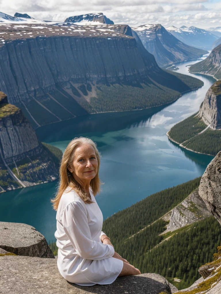 Liv Ullman, her name is Freydis, high quality, 1 old woman, ((50-year-old SLIM dutch woman)), ((50 years old)), (((wrinkled body))), ((((old body)))), (((LONG HAIR))), (((no make up))), (pale skin), (((blue eyes))), she is wearing stylish COLORFUL camping gear for old women, POSE: standing, adventurous, exciting BACKGROUND: outdoor: Trolltunga: A dramatic cliff overlooking a scenic lake surrounded by rugged mountains.
