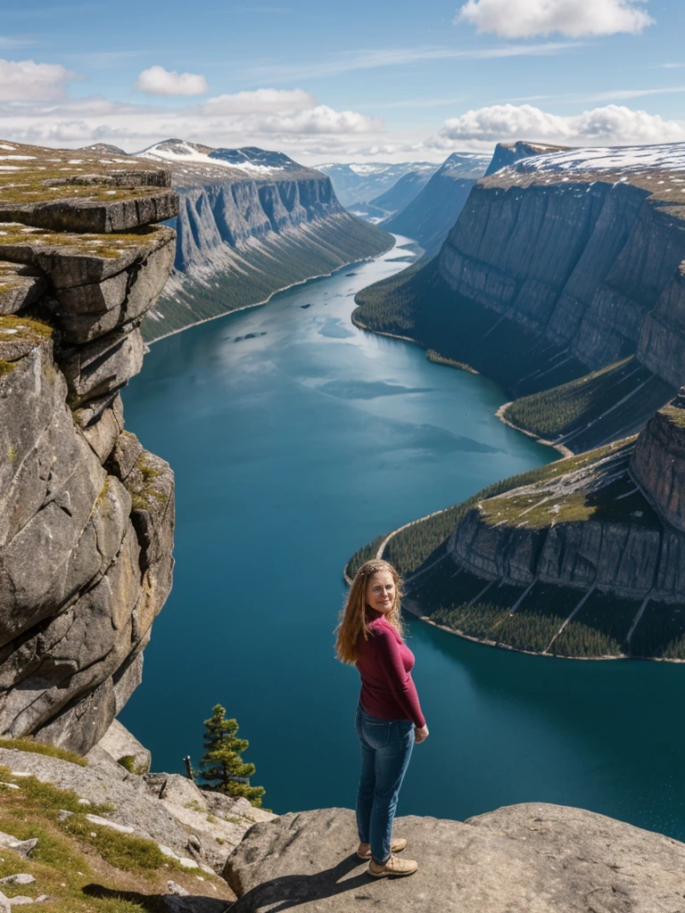 Liv Ullman, her name is Freydis, high quality, 1 old woman, ((50-year-old SLIM dutch woman)), ((50 years old)), (((wrinkled body))), ((((old body)))), (((LONG HAIR))), (((no make up))), (pale skin), (((blue eyes))), she is wearing stylish COLORFUL camping gear for old women, POSE: standing, adventurous, exciting BACKGROUND: outdoor: Trolltunga: A dramatic cliff overlooking a scenic lake surrounded by rugged mountains.