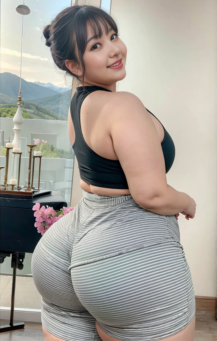 ((Best Quality, 8K, Masterpiece: 1.3)), Chubby woman smile  ((best quality)), ((masterpiece)), (detailed), perfect face, USA woman fat in a dark-blue shirt and blue denim skirt walking down a street, thicc, she has a jiggly fat round belly, bbwchan, wearing tight sexy clothes, skinny waist and thick hips, widest hips, her belly is fat and round, soft curvy shape, hyperrealistic full figure, wearing a cute top, wide hips, cropped shoulders，Bare belly,(big assa:0.7),show legs,, thicc, beautiful thick female, beautiful curvy female,, Tall and tall，clear curvy details, curvy hourglass figure, alluring plus sized model, bbwchan, Voluptious body, Curvy model, Curvy body, Be red in the face, 1girll fat , a matural female, A MILF, the golden ratio,(Kpop idol),(Oil skin:1.2),(Oil skin:1.1) background High quality, HD, realistic, HDR. mountain refuge in grey stone, blends into the panoramic view of the mountain, spring landscape (green and flowery), edelweiss, lake, stream that winds, sunset, cool breeze. welcome mountaineers and hikers.