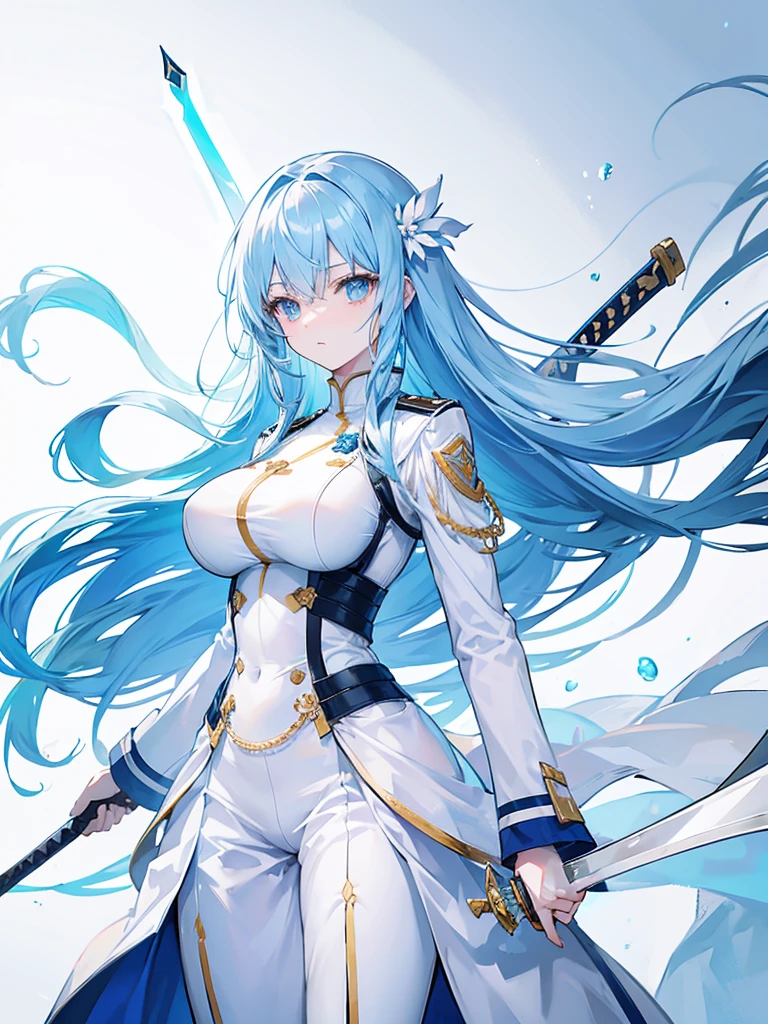 light sky blue hair, expressionless, neat white uniform, holding a sword, very large breasts, long straight hair