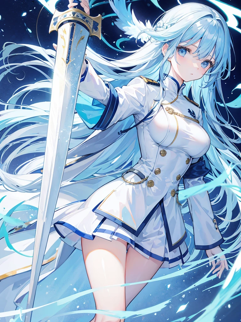 light sky blue hair, expressionless, neat white uniform, holding a sword, very large breasts, long straight hair