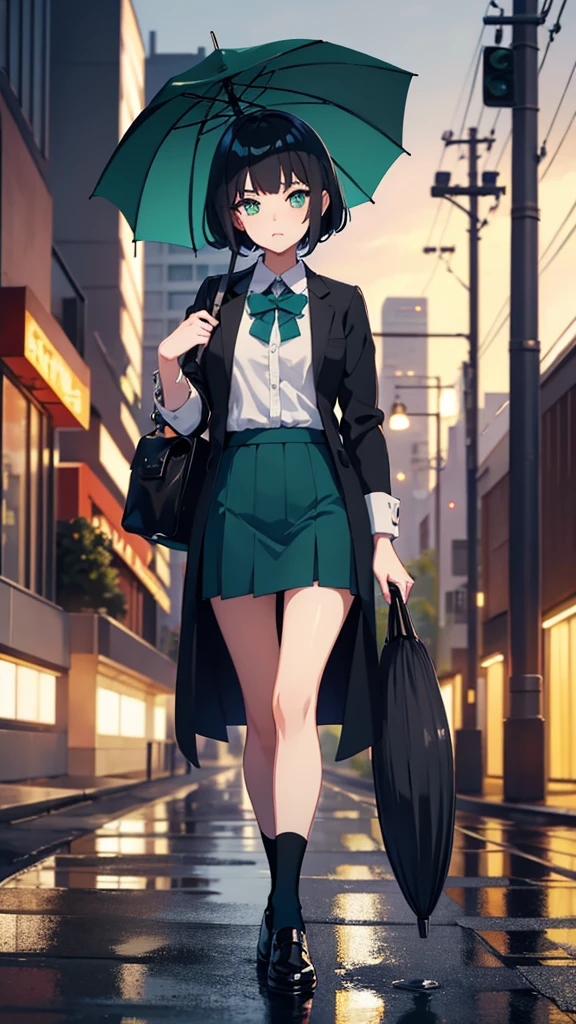 Anime girl, using brwon scholl clothes, using a umbrella in a rainy day, Los Angeles, 60s, black hair, green eyes, looking cute, shiny, aesthetic ilumination, Anime,